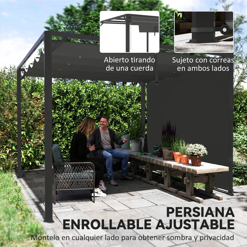 Outsunny Pérgola de Jardín de Aluminio 3x3 m con Techo Retráctil Lateral Enrollable UPF30+ Cenador de Jardín para Exterior Gris