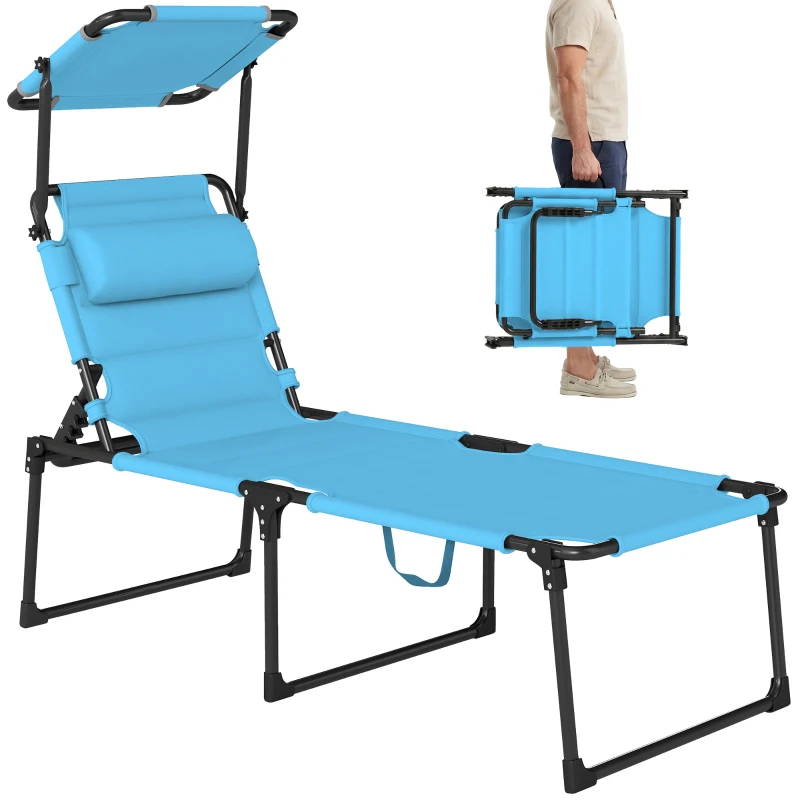 Outsunny Tumbona de Jardín con Toldo Ajustable Respaldo Regulable 4 Niveles Reposacabezas para Terraza 70x200x45 cm Azul Claro