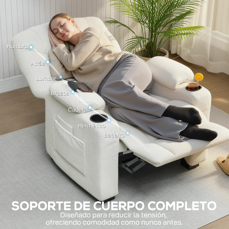 HOMCOM Sillón Relax Reclinable Eléctrico Silencioso con Función Memoria Reposapiés Mando a Distancia Bolsillos Laterales Crema