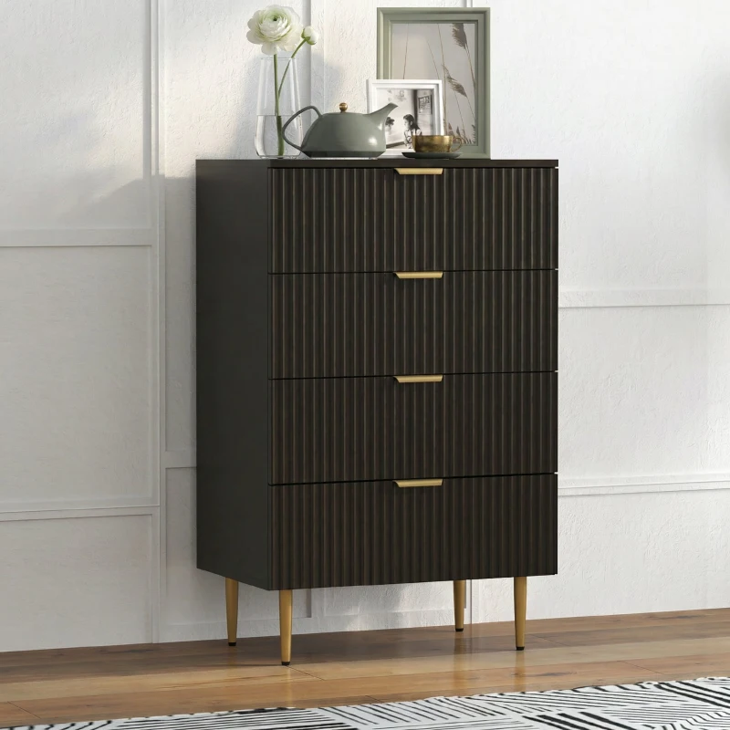 HOMCOM Kommode 4 Schubladen, Schlafzimmerkommode, modernes Aufbewahrungsmöbel mit Griffen und goldenen Füßen, Maße 60 x 40 x 96 cm, schwarz