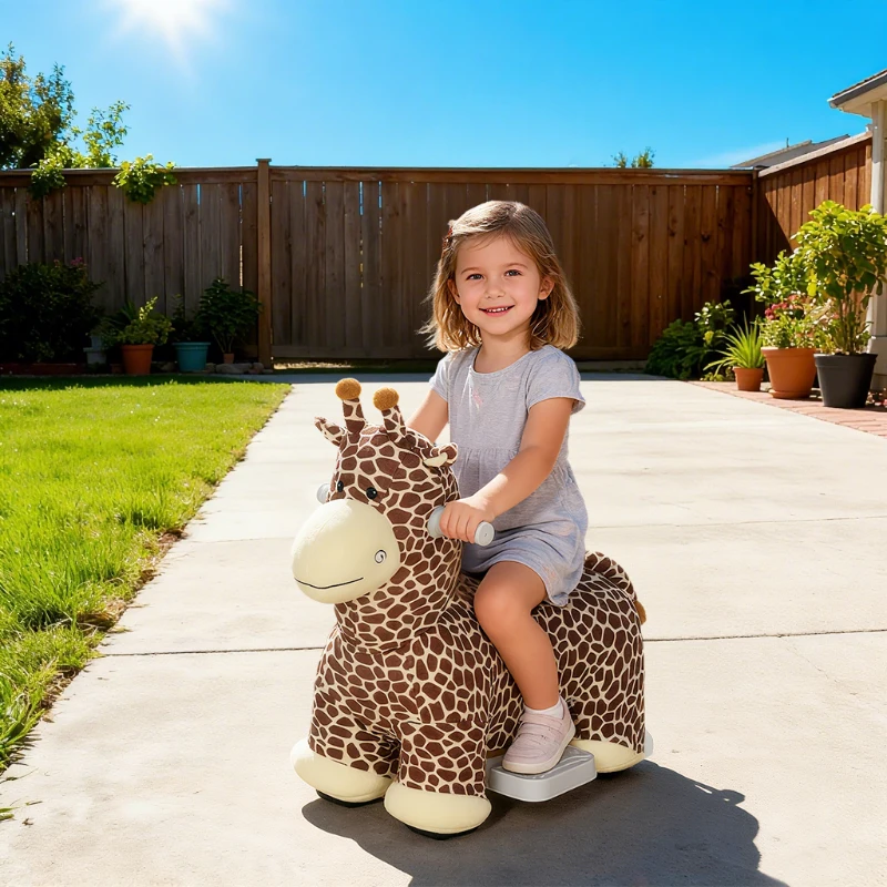 AIYAPLAY Giraffe zum Reiten, fahrendes Reitpferd in Giraffenform, Batteriebetrieb, waschbarer Bezug, Pedale, leise Räder, Musik, 1,5-5 Jahre, Braun