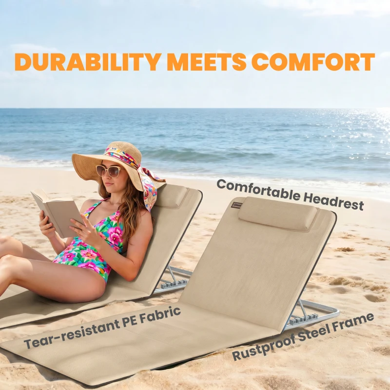 Outsunny Set of 2 Foldable Garden Beach Chair Mat - Lightweight Outdoor Sun Lounger Seats with Adjustable Back, Metal Frame, PE Fabric, Head Pillow, and Carry Bag, Beige