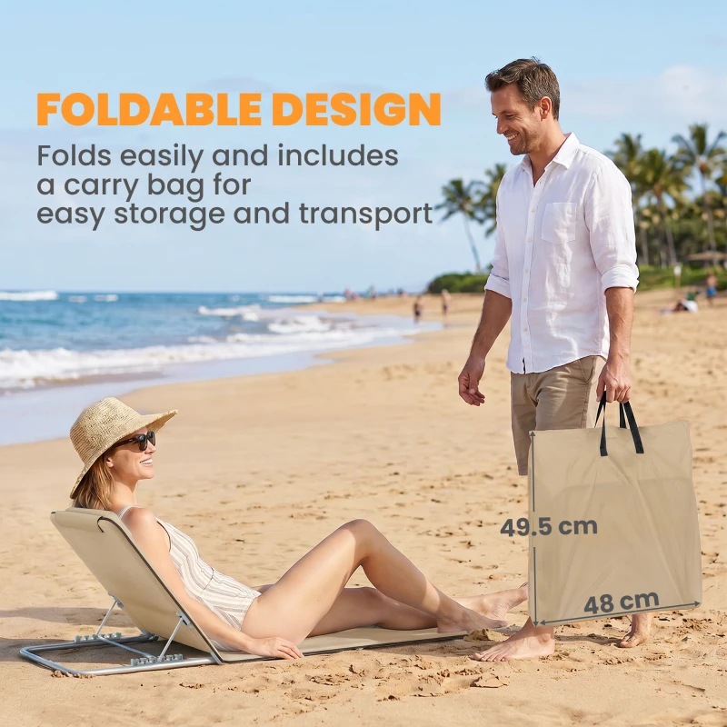 Outsunny Set of 2 Foldable Garden Beach Chair Mat - Lightweight Outdoor Sun Lounger Seats with Adjustable Back, Metal Frame, PE Fabric, Head Pillow, and Carry Bag, Beige