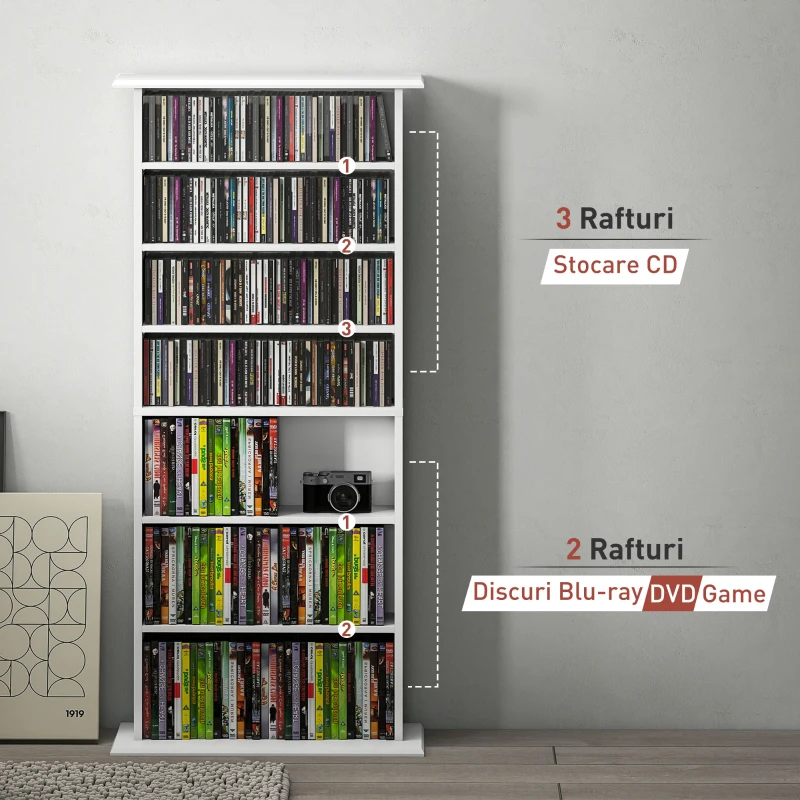 HOMCOM Raft pentru CD-uri cu 6 rafturi reglabile, capacitate de 360 CD-uri/185 DVD-uri, 58x24x124,5 cm, alb