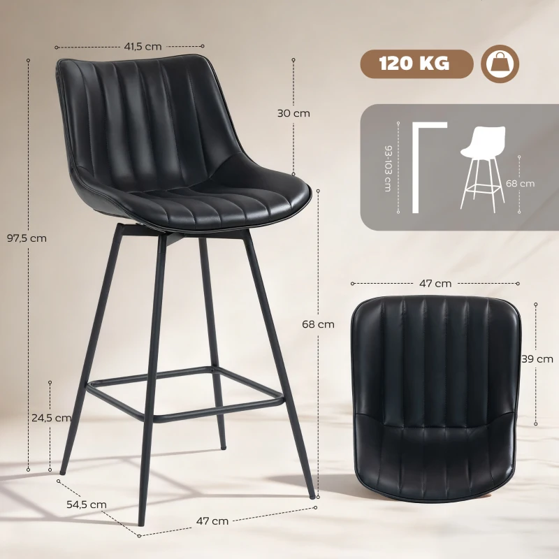 HOMCOM Juego de 2 Taburetes de Bar, Sillas de Bar Giratorio 360° Tapizado en Cuero Sintético con Respaldo y Reposapiés Negro
