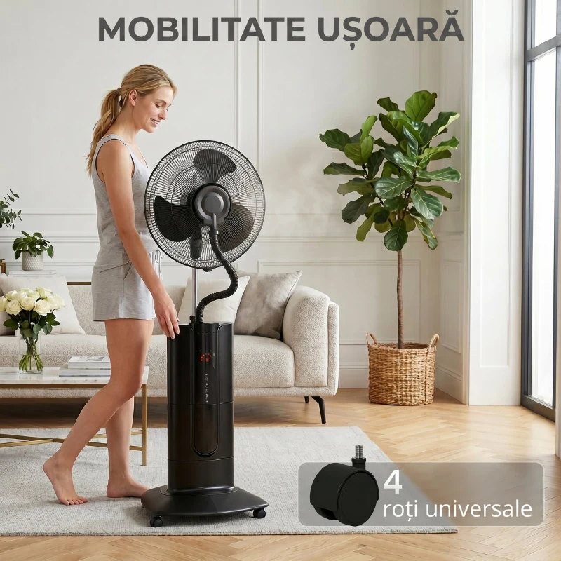 HOMCOM Ventilator de Podea 3 în 1 Oscilant cu Nebulizator de Apă, Telecomandă și Timer 9h, 45x38x130 cm, Negru