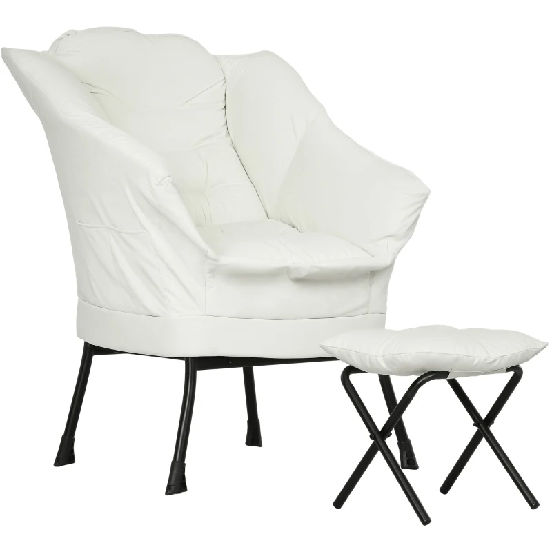 HOMCOM Sillón de Salón con Otomana Sillón de Relax con Bolsillos Laterales y Patas de Acero para Sala de Estar Dormitorio Crema