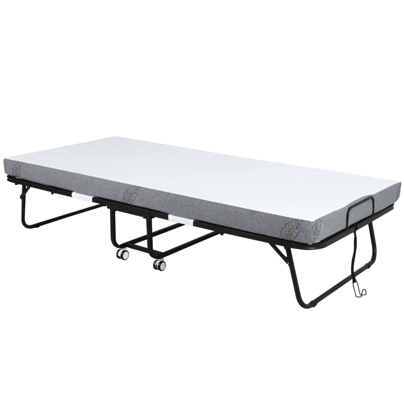 HOMCOM Cama Plegable 200x90 cm con 4 Ruedas, Cama de Camping Portátil, con Colchón Individual de 10 cm, Marco de Acero, Carga 150 kg, para Dormitorio, Salón, Oficina, Blanco