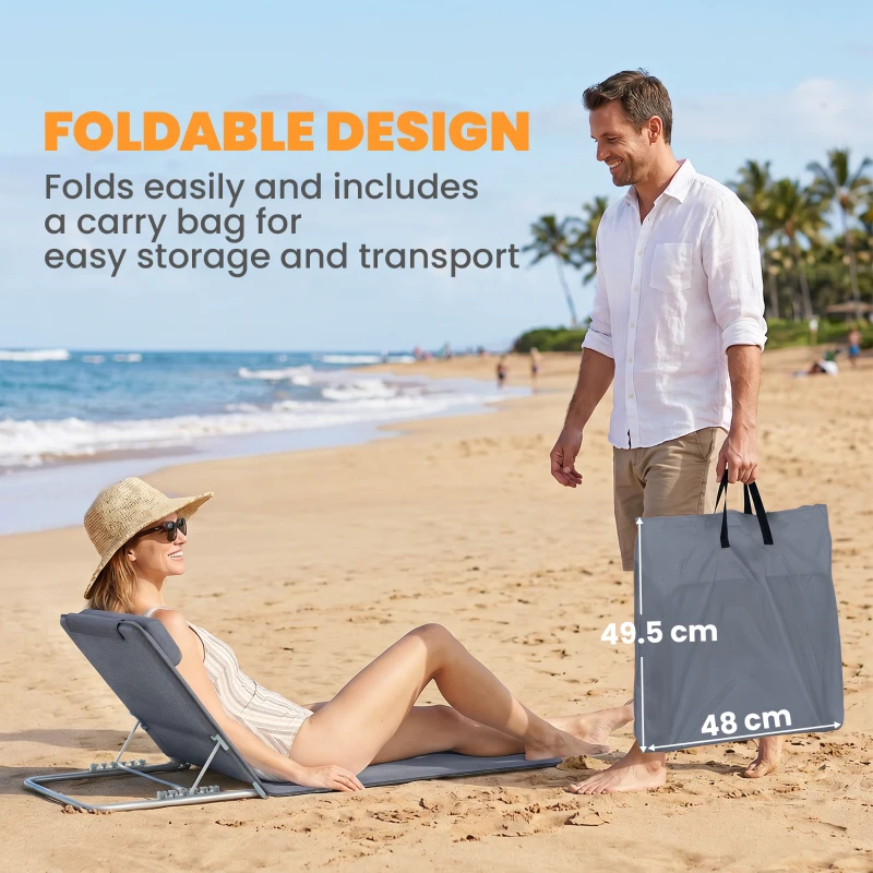 Outsunny Set of 2 Foldable Garden Beach Chair Mat - Lightweight Outdoor Sun Lounger Seats with Adjustable Back, Metal Frame, PE Fabric, Head Pillow, and Carry Bag, Grey