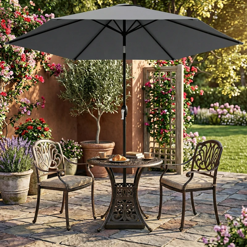 Outsunny Parasol de Jardin Extérieur Rond 2m, Inclinable à 30°, Manivelle, Mât en Aluminium, Toile 180 g/m², Anti-UV, Gris Foncé