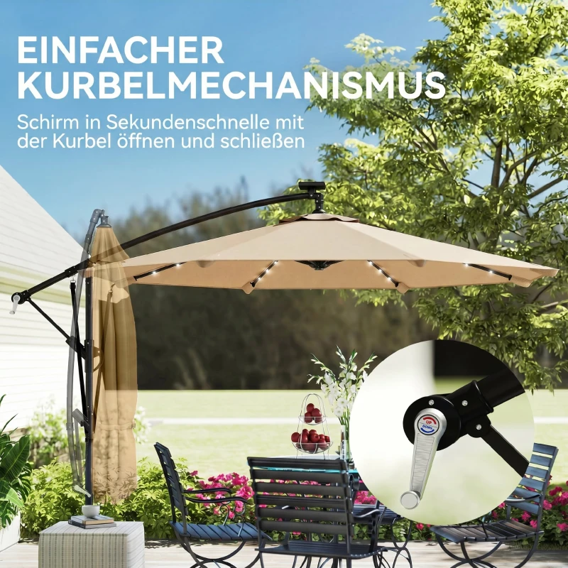 Outsunny Umbrelă de Grădină Suspendată cu LED-uri Solare, 3x3m, Bej
