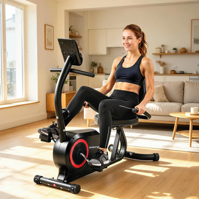 SPORTNOW Liegeergometer für Zuhause mit 8 verstellbar Widerstandsstufe Magnetbremse APP Pulssensor LCD-Display Fußriemen