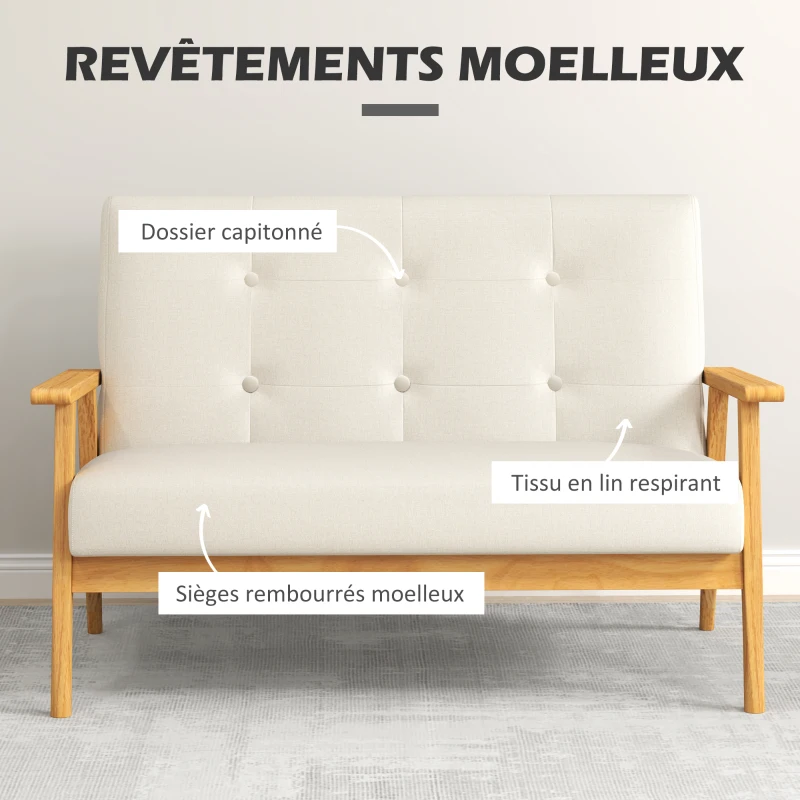 HOMCOM Canapé 3 places 115 cm canapé scandinave avec dossier capitonné, assise rembourrée et accoudoirs, beige