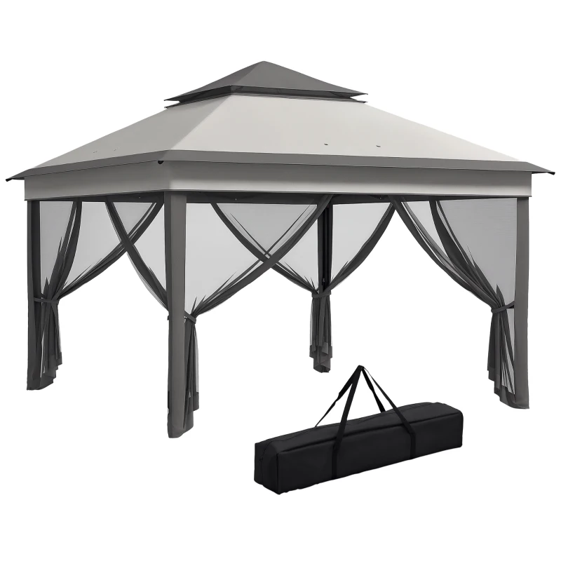 Gazebo Outsunny cu Plase Reglabil pe 3 Nivele, din Oțel și Material Oxford, 326x326x272 cm, Gri Deschis și Închis