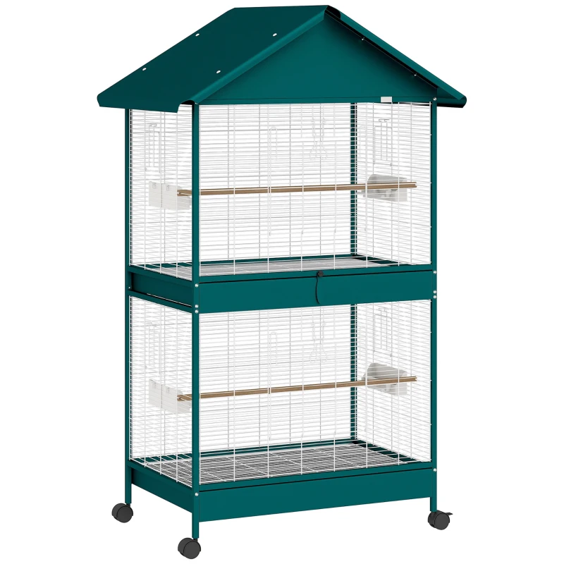 PawHut Cage à oiseaux sur roulettes avec séparateur amovible, 6 mangeoires et 4 perchoirs, 2 plateaux coulissants, pour perruches, cockatiels, canaris
