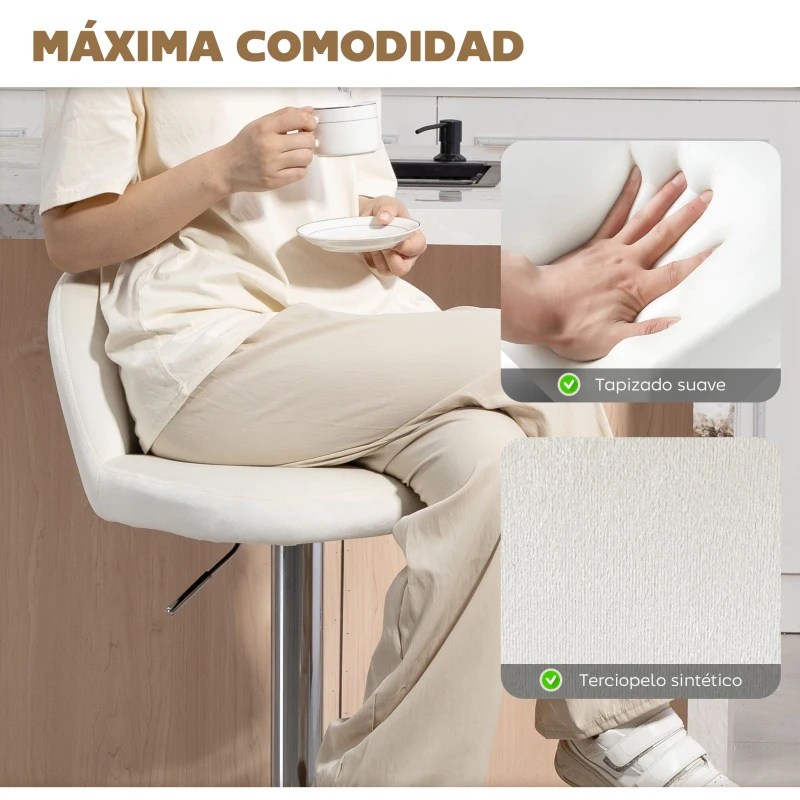 HOMCOM Juego de 2 Taburetes de Bar Taburetes Altos de Cocina con Altura Ajustable Asiento Giratorio 43x45x81-101 cm Crema
