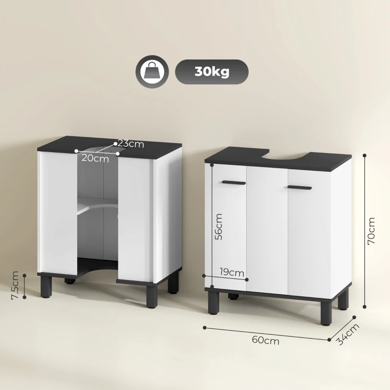 HOMCOM Under-Sink Cabinet with 2 Doors and Adjustable Shelf for Sink with or without Pedestal 60x34x70 cm Glossy White