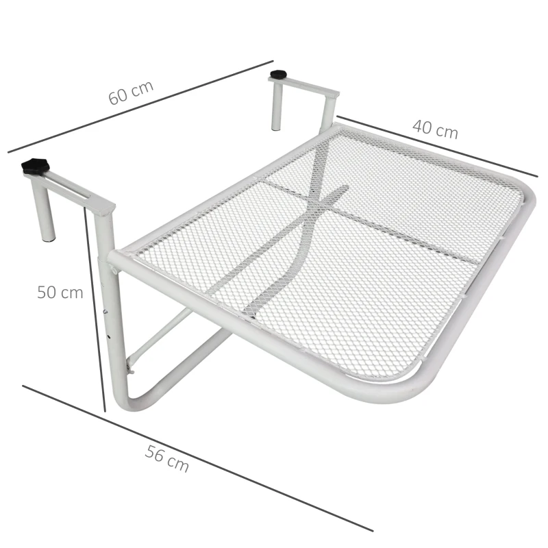 Outsunny Mesa Colgante de Balcón con Brazo Regulable y Altura Ajustable en 3 Posiciones Marco Metálico 60x56x50 cm Blanco