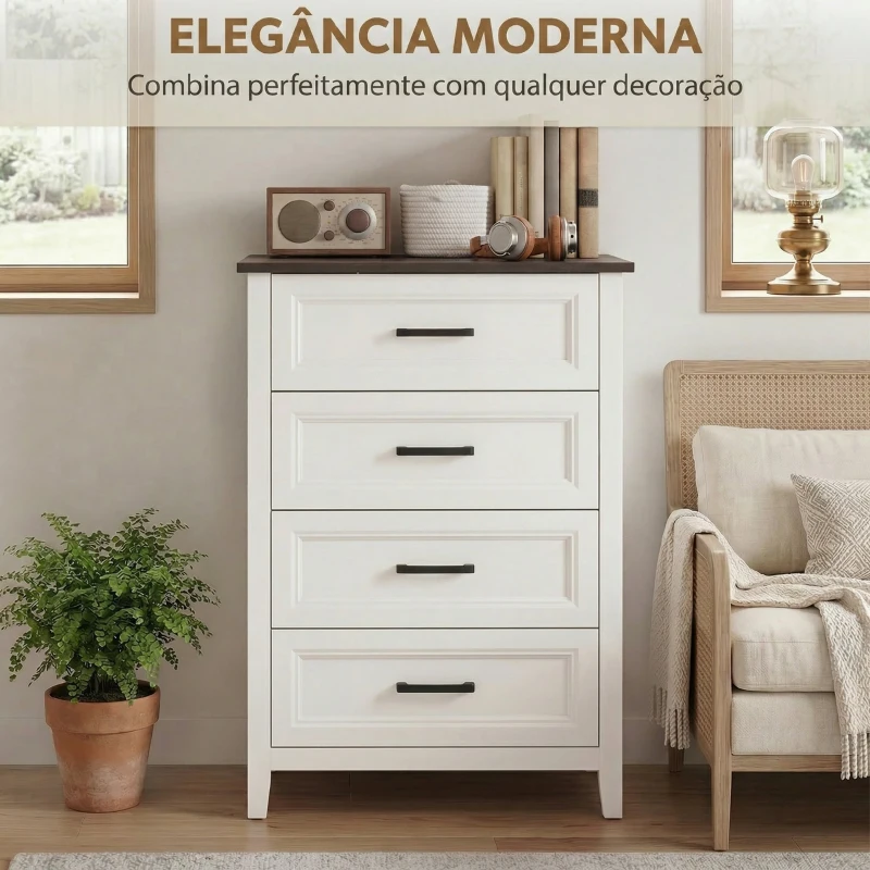 HOMCOM Cómoda 4 Gavetas Cómoda de Dormitório Estreita e Alta com Bancada com Efeito Madeira 60x35x87 cm Branco