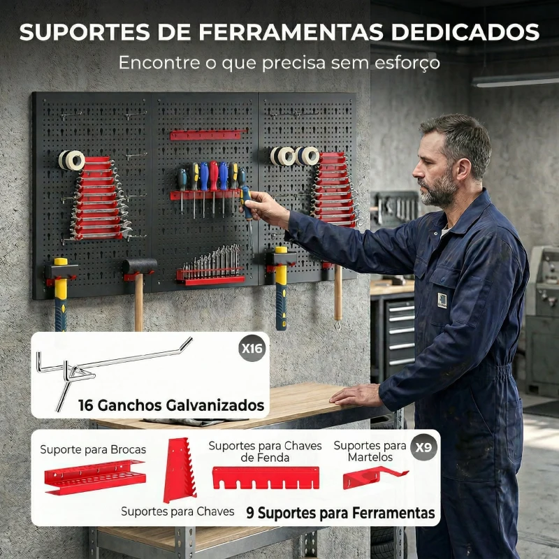 HOMCOM Organizador de Ferramentas de Parede com 28 Peças cada painel 60x40 cm com Ganchos e Suportes Preto e Vermelho
