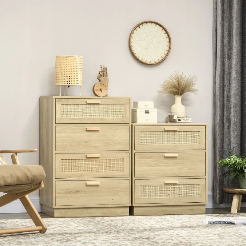 HOMCOM Cómoda com 3 Gavetas de Vime Cómoda de Madeira para Dormitório Sala de Estar Estilo Boêmio 60x38x69 cm Madeira