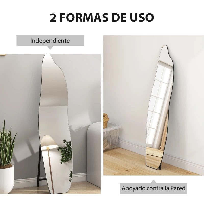 HOMCOM Espejo de Pie Cuerpo Entero sin Marco Espejo de Pie Forma Irregular con Soporte 40x4x160 cm Negro y Plata