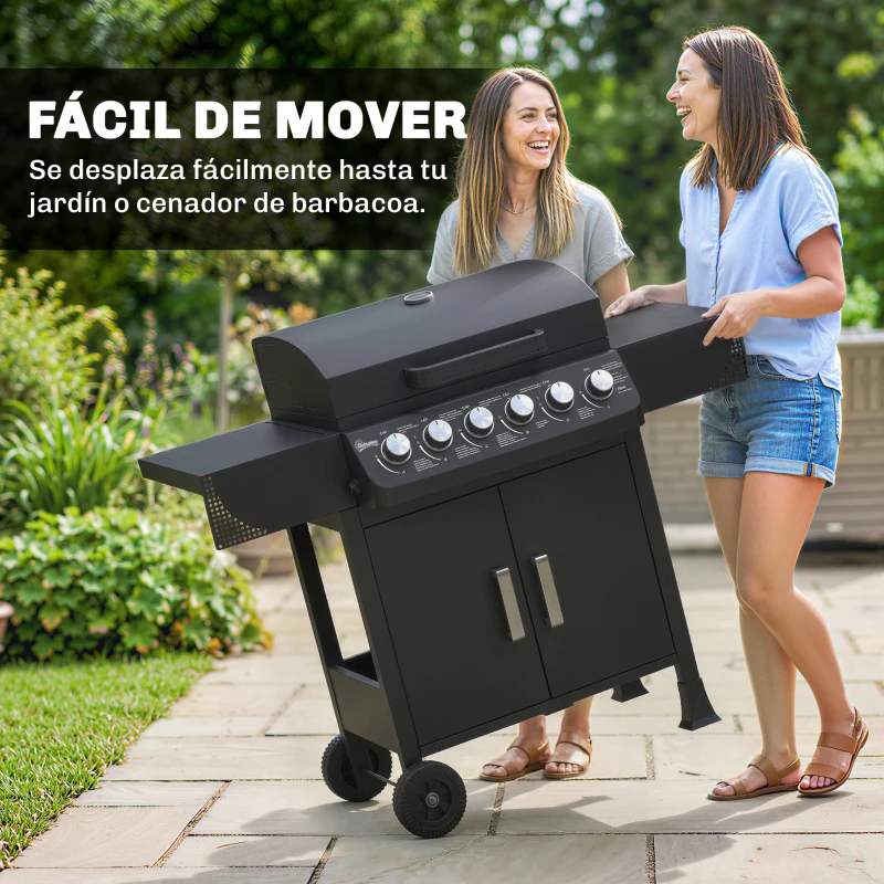 Outsunny Barbacoa de Gas con 6 Quemadores 15 kW Termómetro Parrilla Mesas Laterales Armario y Ruedas 135x51x101 cm Negro