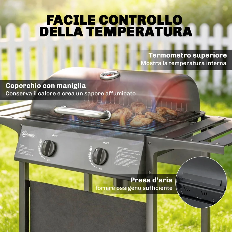 Outsunny Barbecue Gas, 2 Bruciatori, Tavolini Laterali, Vassoio Raccogli Grassi, Nero.