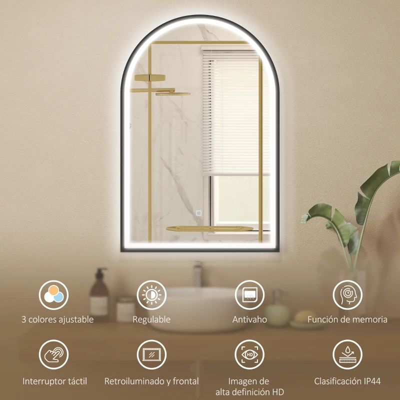 HOMCOM Espejo de Baño con Luz 60x90 cm Espejo de Pared Arqueado 3 Colores de Luz Brillo Regulable Función Antivaho Negro