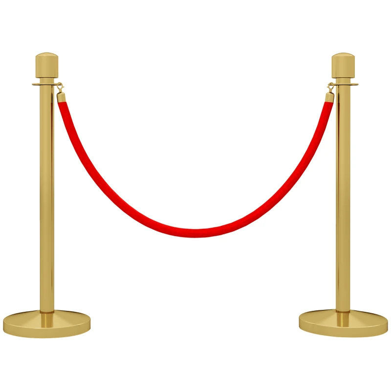 HOMCOM Juego de 2 Postes Separadores de Acero Inoxidable con Cuerda de Terciopelo Roja de 1,5 m y Base Rellenable Dorado