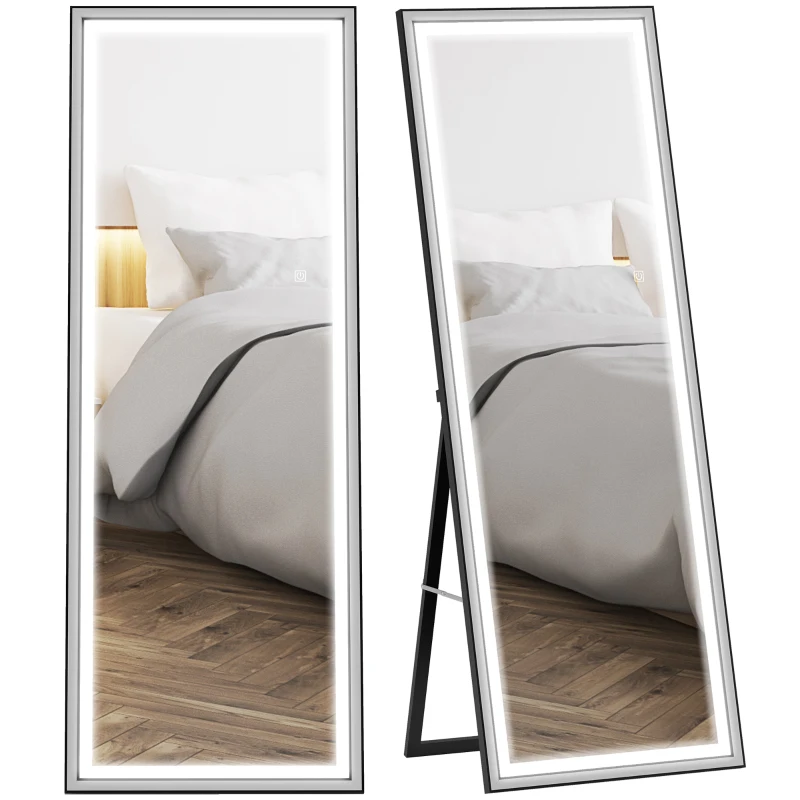 HOMCOM Espelho de Pé  com Luzes 165x60 cm 3 Temperaturas de Cor Brilho Ajustável Independente ou de Parede Branco e Preto