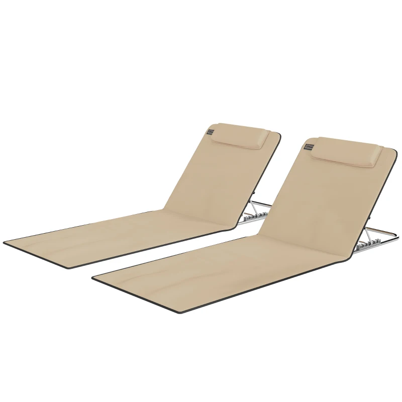 Outsunny Set of 2 Foldable Garden Beach Chair Mat - Lightweight Outdoor Sun Lounger Seats with Adjustable Back, Metal Frame, PE Fabric, Head Pillow, and Carry Bag, Beige