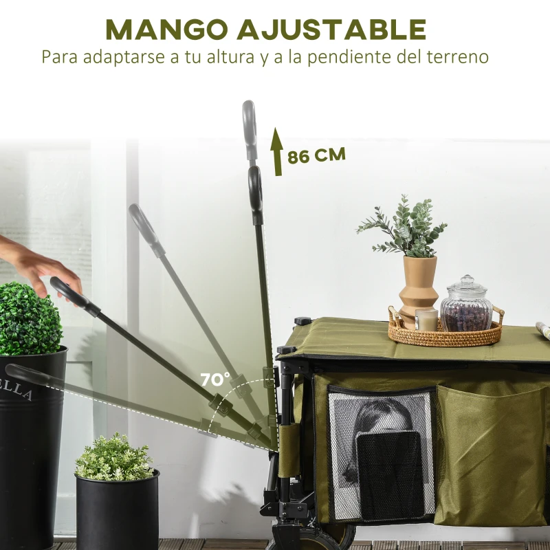 Outsunny Carro Plegable de Transporte con Mango Telescópico Tablero Plegable y 5 Bolsillos para Playa 108x55x93 cm Verde