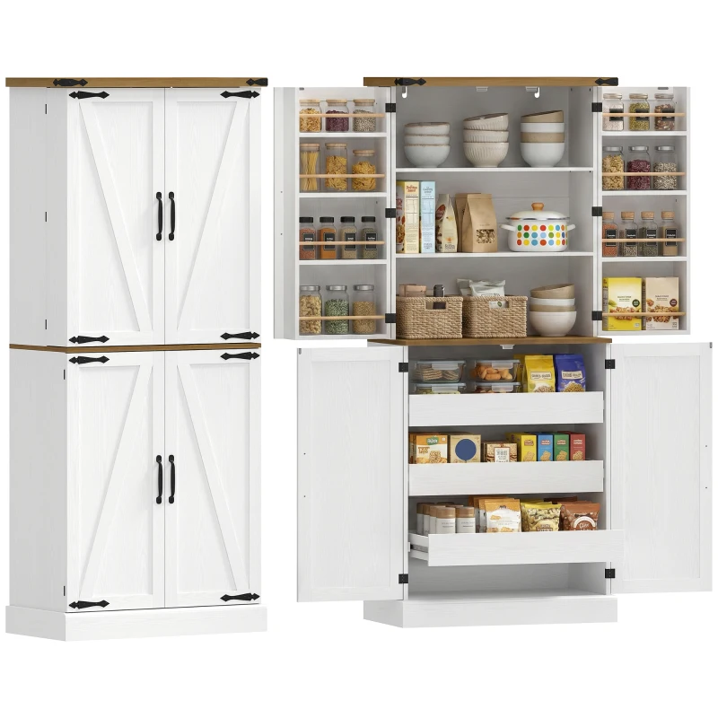 HOMCOM Credenza da Cucina Alta con 4 Porte, 3 Cassetti, 8 Portaspezie e Ripiani Regolabili, 76x40x182 cm, Bianco