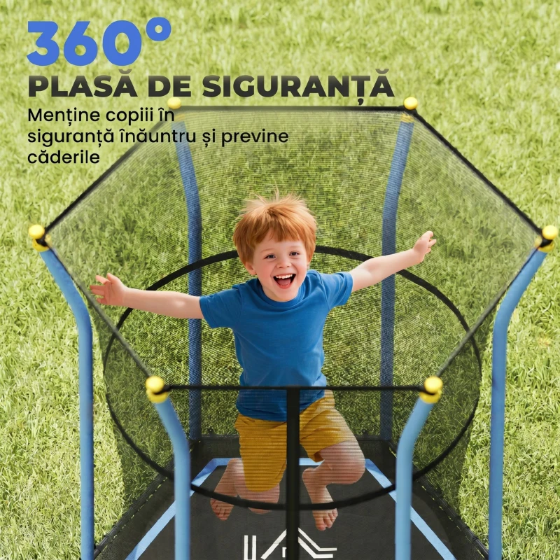 HOMCOM Trambulină pentru Copii cu Intrare cu Fermoar și Stâlpi Căptușiți, din Oțel, PP și EPE, Ø163,5x190 cm, Albastru