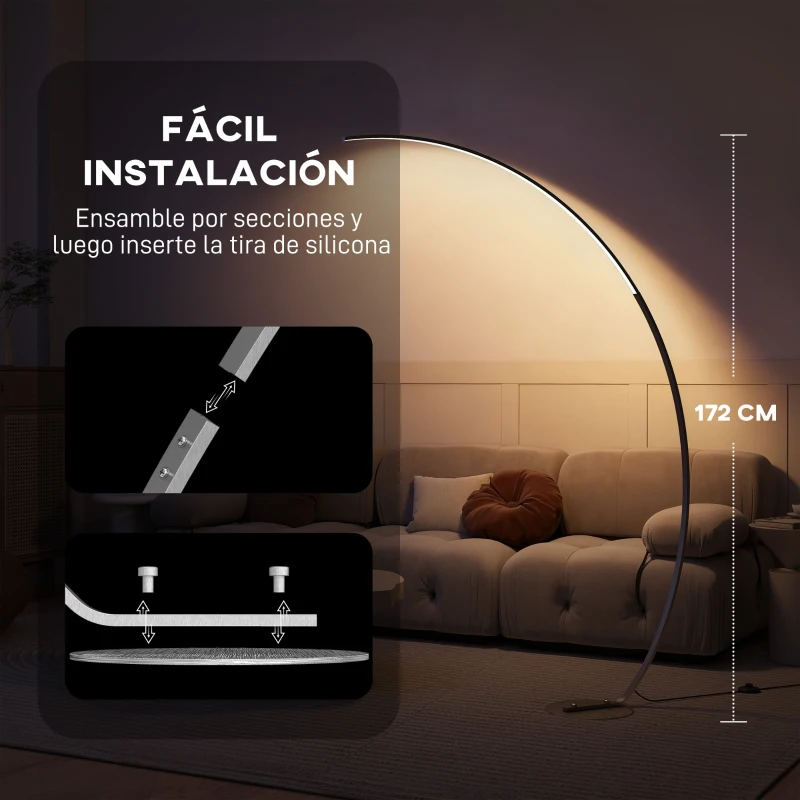 HOMCOM Lámpara de Pie Forma Arco con Brillo y Temperaturas de Color Ajustables 3000K-6500K Mando a Distancia Magnético Plata