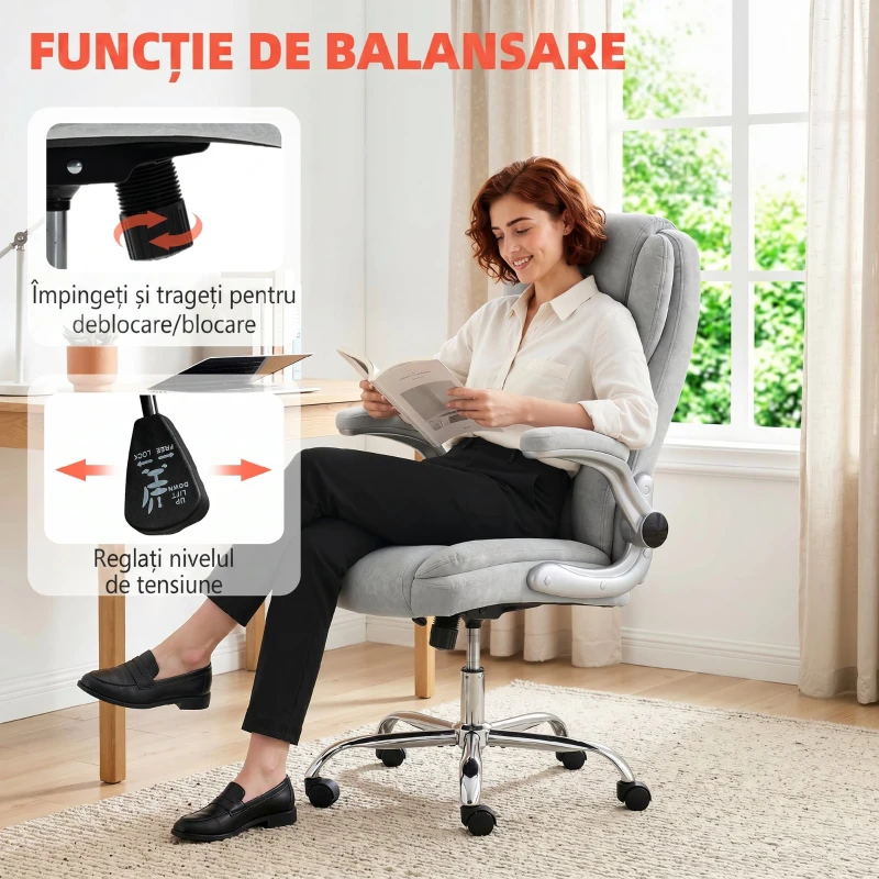Scaun Ergonomic HOMCOM, Spătar Înalt, Tapițat în Catifea Imprimată, Cotiere Rabatabile, Alb Crem