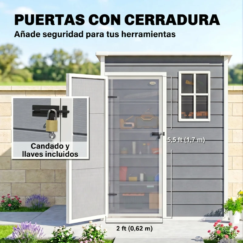 Outsunny Caseta de Jardín Exterior 151x92x193 cm con Suelo Puerta Corredera y Techo Inclinado para Almacenar Herramientas Gris