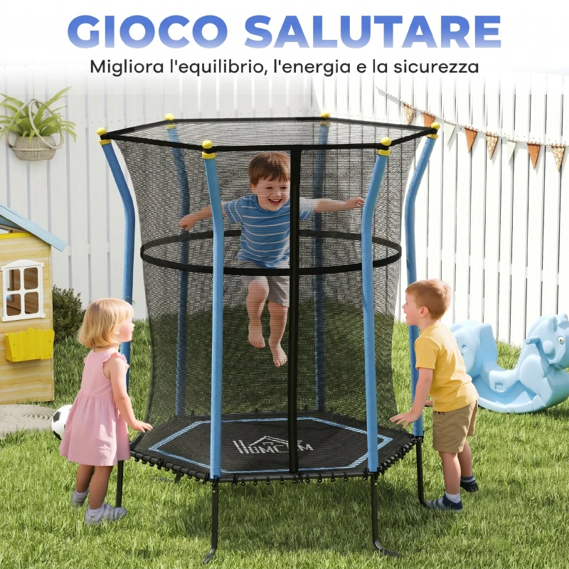 HOMCOM Tappeto Elastico per Bambini con Ingresso a Cerniera e Pali Imbottiti, in Acciaio, PP e EPE, Ø163.5x190 cm, Blu