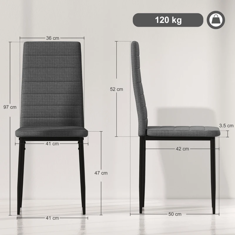 HOMCOM Set 6 Sedie Imbottite per Soggiorno o Sala da Pranzo, Sedie da Cucina Moderne, in Acciaio e Tessuto Grigio