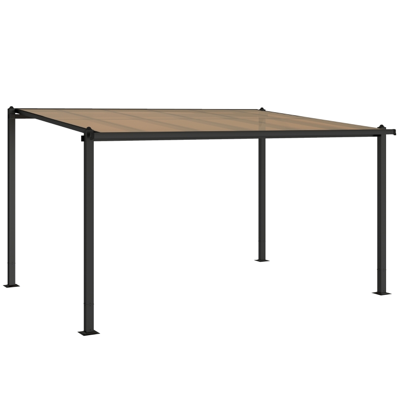 Outsunny Pergola adossée 3,8 x 3 m avec toit en polycarbonate, structure rigide en aluminium avec gouttières intégrées, gris foncé