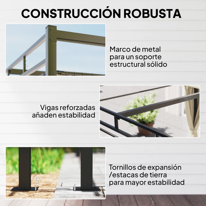 Outsunny Pérgola de Jardín 3x3 m con Techo Retráctil y Cortinas Protección UV30+ Estructura Metálica para Patio Terraza Beige