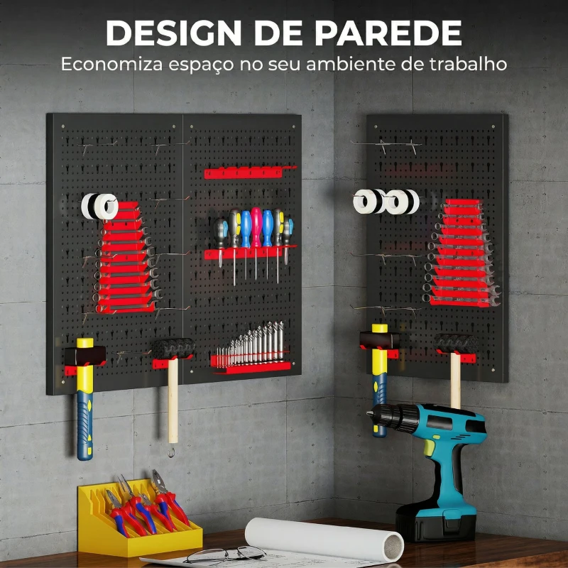 HOMCOM Organizador de Ferramentas de Parede com 28 Peças cada painel 60x40 cm com Ganchos e Suportes Preto e Vermelho