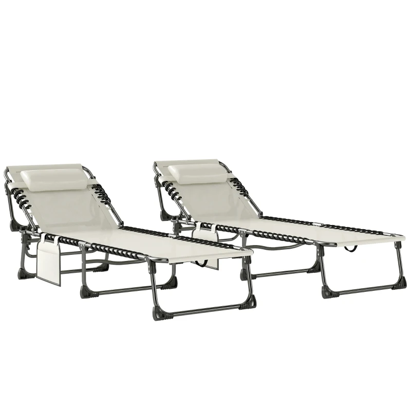 Outsunny Set de 2 Tumbonas Plegables con Reposacabezas Bolsillo Lateral y Respaldo Reclinable en 5 Posiciones Blanco Crema