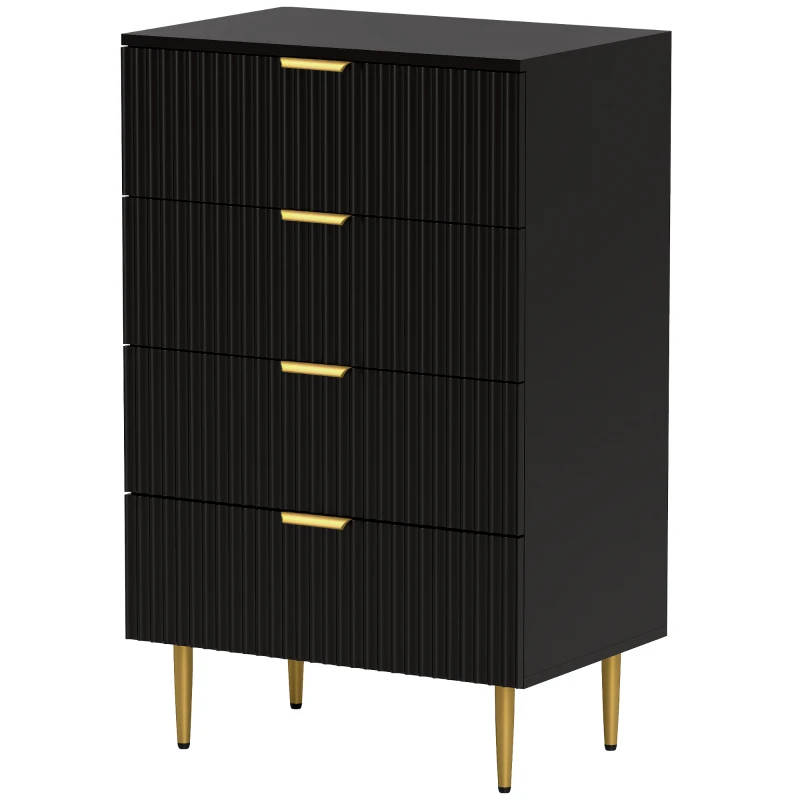 HOMCOM Kommode 4 Schubladen, Schlafzimmerkommode, modernes Aufbewahrungsmöbel mit Griffen und goldenen Füßen, Maße 60 x 40 x 96 cm, schwarz