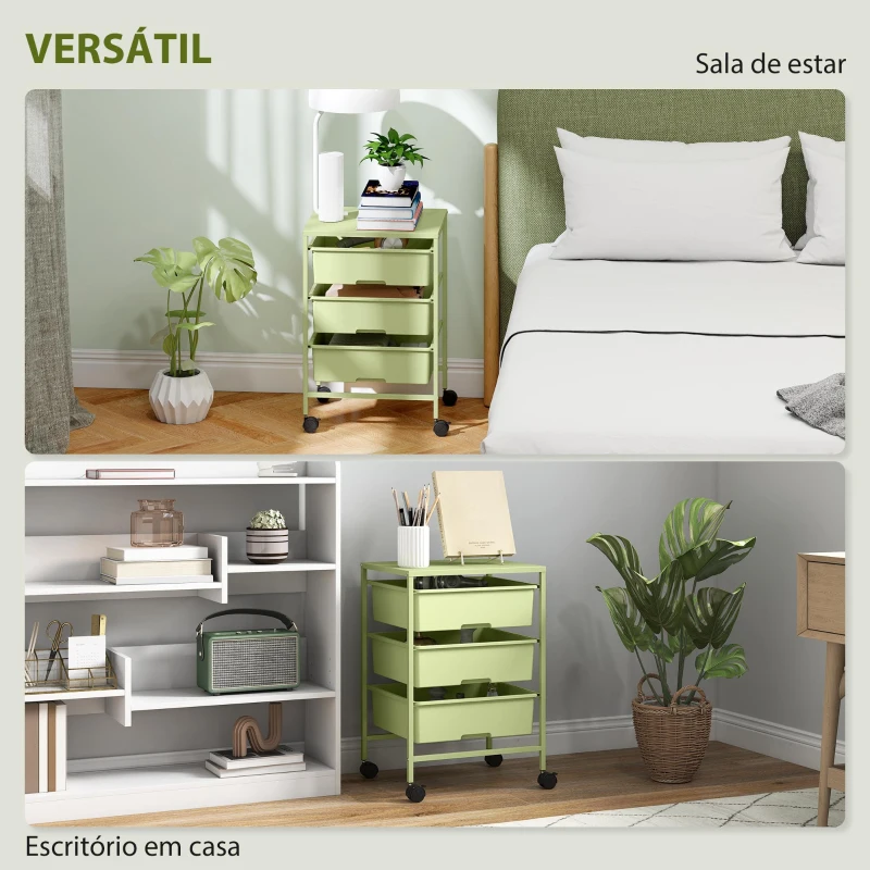 HOMCOM Carrinho Auxiliar com Rodas Carrinho de Cozinha de 3 Níveis com 3 Cestos e Estrutura de Aço 40,8x33,5x60,5 cm Verde