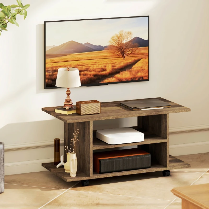HOMCOM Móvel TV com rodízios 80 cm, móvel para TV para televisores até 107 cm com prateleiras abertas, preto