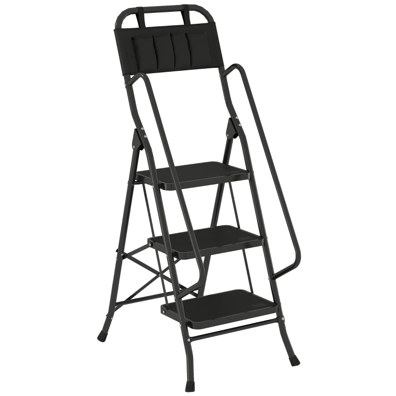 HOMCOM Escalera Plegable de 3 Peldaños con Bolsa de Herramientas Escalera de Tijera con Peldaños Anchos Antideslizantes Negro