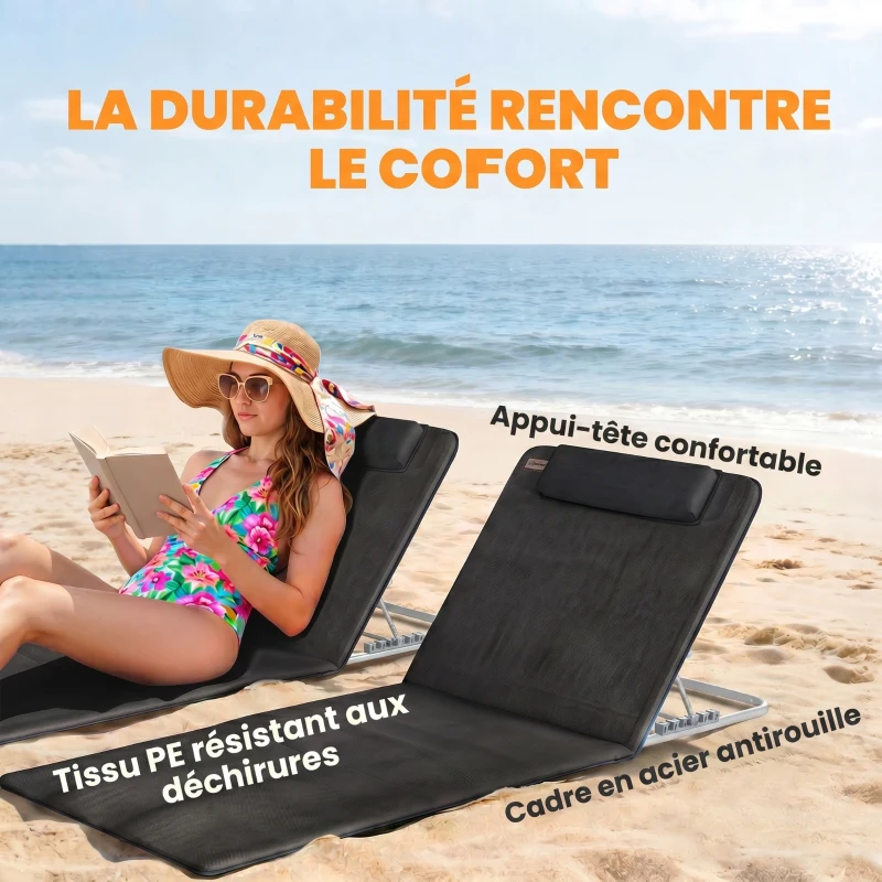 Outsunny Lot de 2 Tapis de Plage rembourré - Matelas de Plage - nattes de Plage - Dossier inclinable Multi-Positions - Sac Transport Inclus - métal Polyester PE Noir