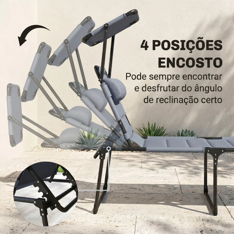 Outsunny Espreguiçadeira Dobrável Espreguiçadeira de Jardim com Toldo Ajustável para Jardim Terraço Piscina 70x200x45 cm Cinza